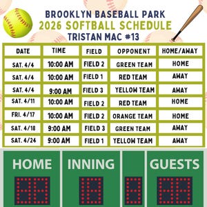 May include: A softball schedule for Brooklyn Baseball Park, 2026, featuring Tristan Mac #13. The schedule includes dates, times, fields, opponents, and home/away status. The image also shows a scoreboard with the home, inning, and guest scores.