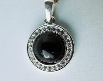 Whitby Jet Silver and Cubic Zirconia Round Pendant