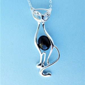 Sterling Silver and Whitby Jet Cat Pendant