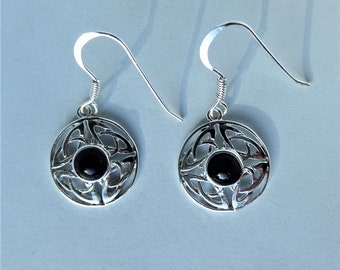 Whitby Jet and Silver Round Celtic Knot Earrings