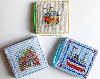 Handmade Needle Book With Cross Stitched Cover Designs featuring Camper Van, Seaside/Nautical and Cottage Motifs | Sewing Case | Sewing Gift