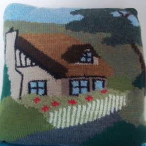 Pure Wool Knitted Cottage Picture Cushion