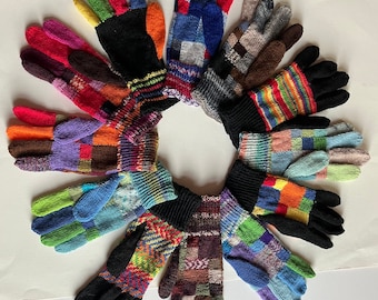 Hand Knitted Patchwork Gloves, Knitted Woollen gloves,