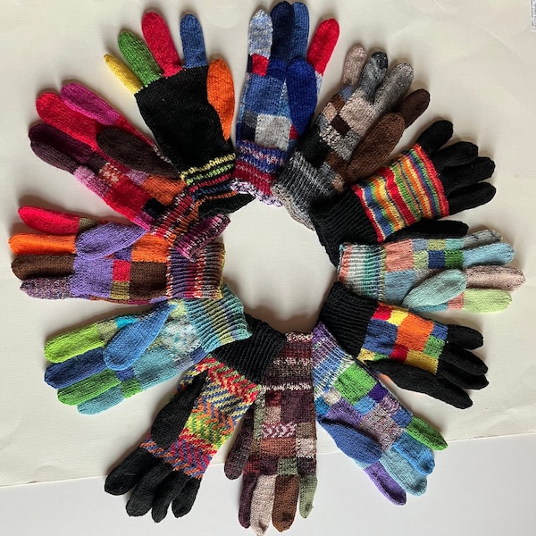 Hand Knitted Patchwork Gloves, Knitted Woollen gloves,