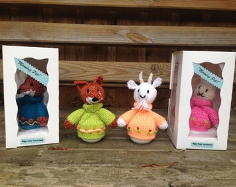 Hand Knitted Character egg cosy and egg cup set