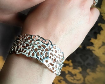 Hand Carved Sterling Silver Wide Cuff Bangle, Elegant Design