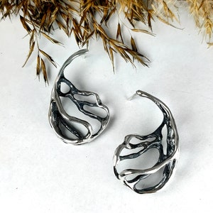 Statement jewelry, Silver earrings,contemporary jewelry,modern earrings,unique brutalist earrings with industrial organic design