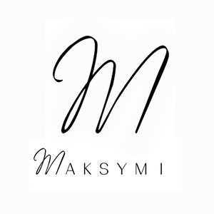 May include: A black and white logo with the letter "M" in a cursive font. The text "MAKSYMI" is written below the letter.