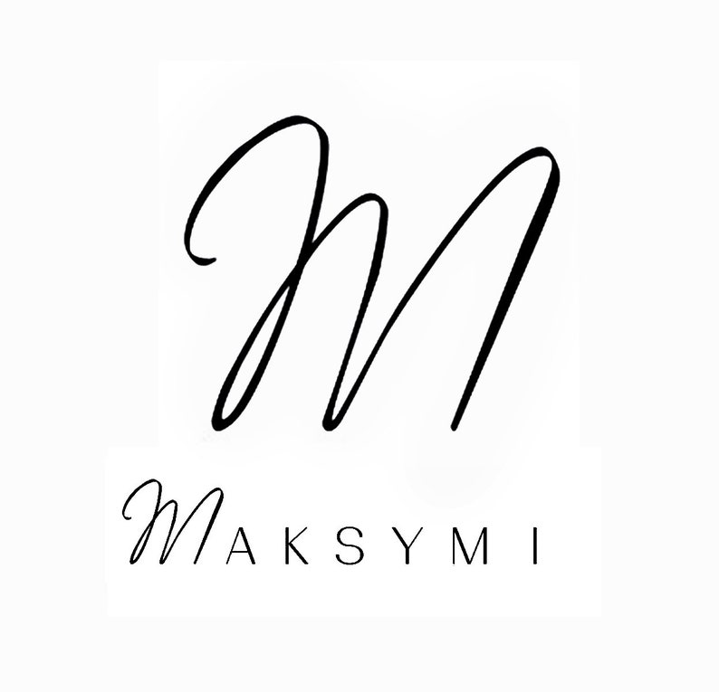 May include: A black and white logo with the letter "M" in a cursive font. The text "MAKSYMI" is written below the letter.