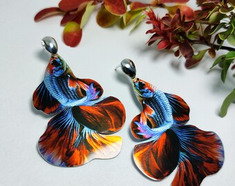 Betta Fish Earrings,Colorful Fish Jewelry,Oversized Colorful Earrings,Silver Betta Fish Earrings,Long Dangle Fish Earrings,Fish Pet lover