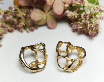 Mismatched Gold Stud Earrings, Abstract Sculptural 14k Gold Plated