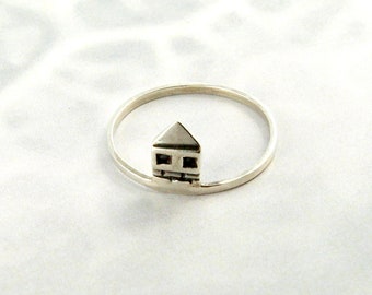 Oxidized Sterling Silver House Ring, Minimalist City Dwelling