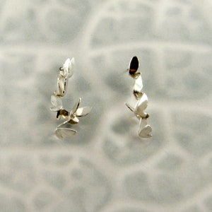 May include: A pair of silver earrings with a delicate, leaf-like design. Each earring features multiple small, curved leaves that are connected to form a flowing, organic shape.