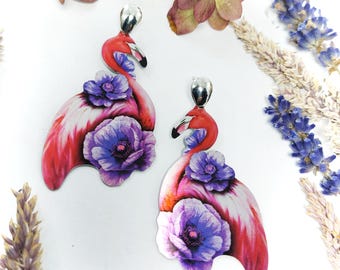 Pink Flamingo Dangle Earrings, Sterling Silver Studs, Floral Flamingo Jewelry