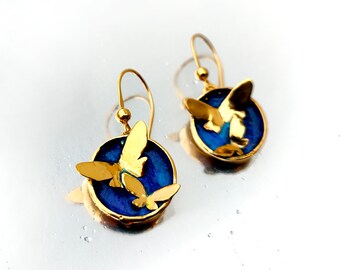 Gold Butterfly Earrings, Sterling Silver, Blue Enamel Dangle Earrings