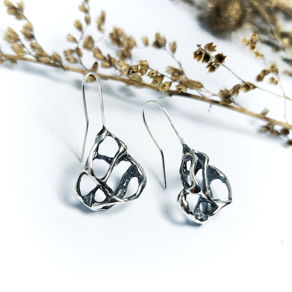 Oxidized Silver Asymmetrical Earrings, Brutalist Organic Design