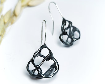Oxidized Sterling Silver Dangle Earrings, Abstract Brutalist Design