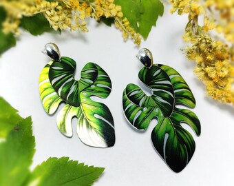 Statement Monstera Leaf Earrings, Sterling Silver Studs, Tropical Jewelry