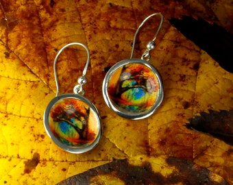 Hand-Painted Autumn Landscape Dangle Earrings, Wearable Art