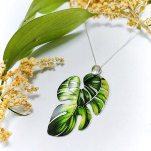 Monstera Leaf Necklace,Green Leaf Pendant, Statement Necklace,Large Leaf Pendant,Silver Monstera Necklace,Gift for monstera plant lover