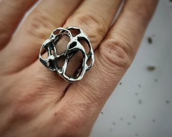 Hand Carved Sterling Silver Brutalist Ring, Oxidized Chunky Cocktail Ring