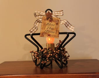 Small 3D Iron Star with Low Wattage Electric Flickering Candelabra light, Bow, Star, Hang Tag and Pip Berry Ring