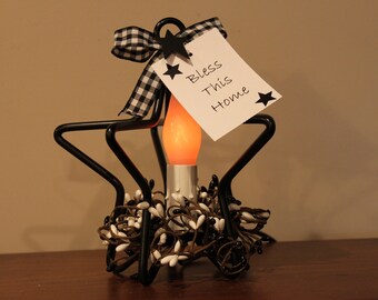 Small 3D Iron Star with Low Wattage Electric Candelabra light, Bow, Star, Hang Tag and Pip Berry Ring