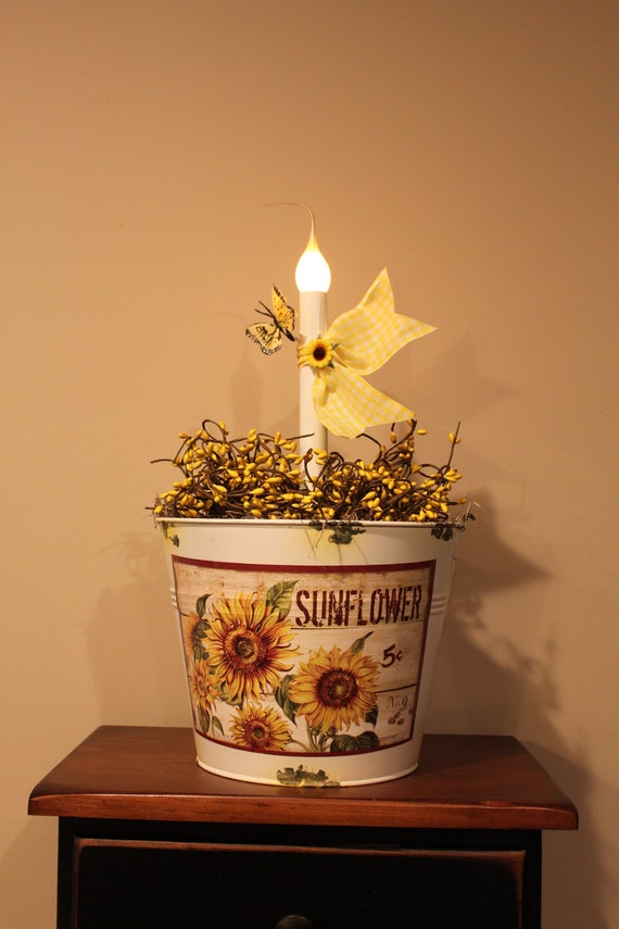 Sunflower Metal Planter Electric Candelabra Light with Pip Berries, Flower and Butterfly