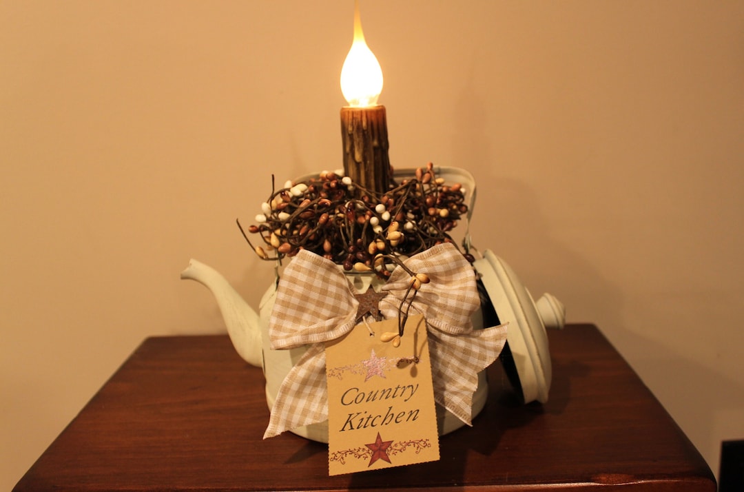 Cream Colored Tea Kettle With Electric Candelabra Light Berries, Bow