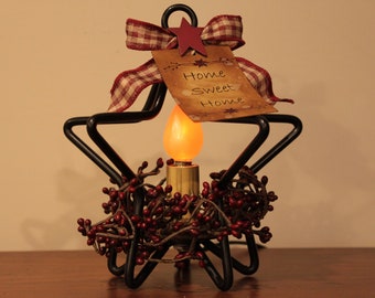 Small 3D Iron Star with Low Wattage Electric Flickering Candelabra light, Bow, Star, Hang Tag and Pip Berry Ring