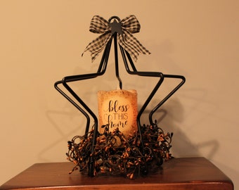 Medium 3D Iron Star Candle Holder with Electric Candelabra Light, Wax Candle Cover, Bow, Star and Pip Berry Ring