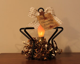 3D Iron Star with Low Wattage Electric Candelabra light, Bow, Star, Hang Tag and Pip Berry Ring