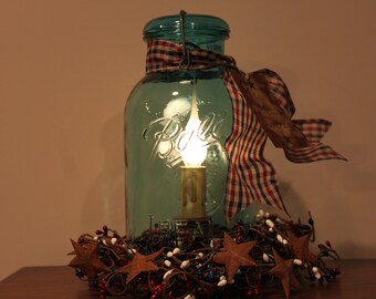 Vintage Half Gallon Blue Ball Ideal 1976 Bicentennial Issue Mason Jar Electric Candelabra Light with Berry Ring and Aged Kraft Tag