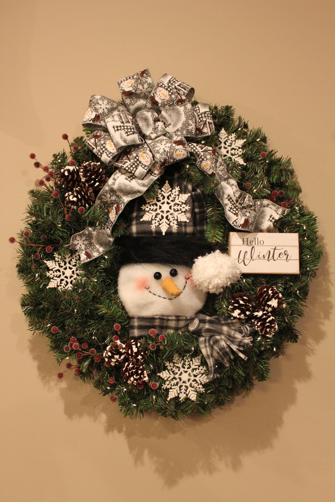 Battery Lighted Snowman Wreath With Snowy Pine Cones Sparkly Etsy