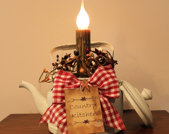 Cream Colored Tea Kettle With Electric Candelabra Light Berries, Bow