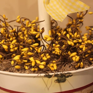 May include: A decorative arrangement featuring yellow berry stems in a white pot with a red stripe. The pot is filled with moss and a yellow gingham ribbon. The berries are a bright, cheerful yellow.