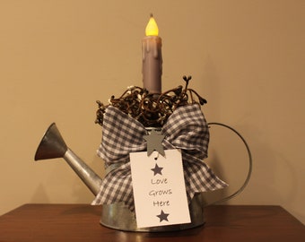 Galvanized Sprinkling Can Battery Operated LED Timer Candle Light with berries, star, tag and bow