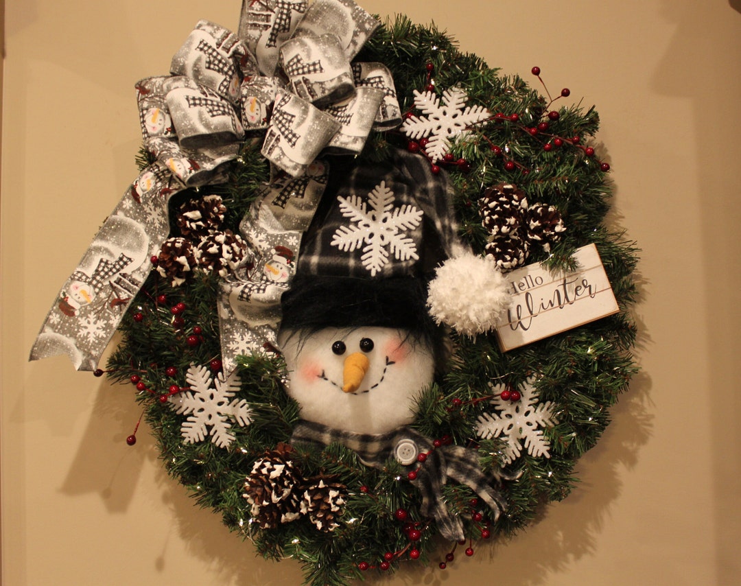 Battery Lighted Snowman Wreath With Snowy Pine Cones Sparkly Etsy
