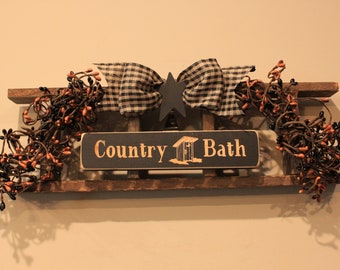 Small Authentic Tobacco Lath Ladder with Berries, Country Bath Sign, Star and Bow