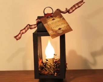 Grungy Black Metal Mini Lantern with Berries, Rusty Stars, Bow,Hang Tag and Electric Low Wattage Candleabra Light