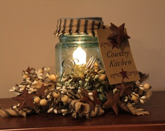 Antique Blue Glass Pint Ball Perfect Mason Jar Light with Berry Ring, Rusty Stars and Aged Kraft Hang Tag