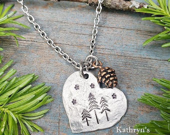 Pine Tree Heart Necklace, Pinecone Necklace