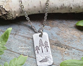 Hand-Stamped Loon and Pine Trees Necklace, Rustic Metal Jewelry