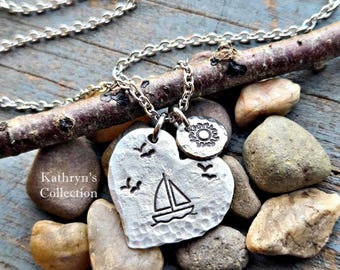 Sailboat, Sailing Necklace, hand-stamped pewter