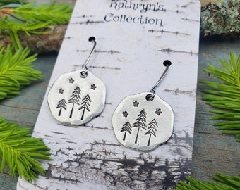 Pine Tree Earrings, hand-stamped pewter