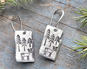 Deer Earrings, hand-stamped, Woodland Jewelry, Pine Trees