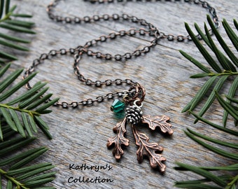 Pinecone Necklace, Leaf Necklace, Pine Cone Necklace, Pine Cone Jewelry, Oak Leaf Necklace, Bridal Necklace