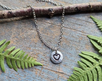 Tiny Heart Necklace, Hand Stamped Pewter, Valentine's Day