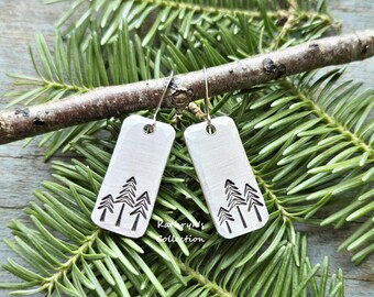Pine Tree Earrings, Hand-Stamped Aluminum