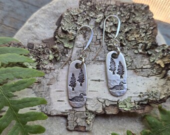 Loon Earrings, hand-stamped pewter